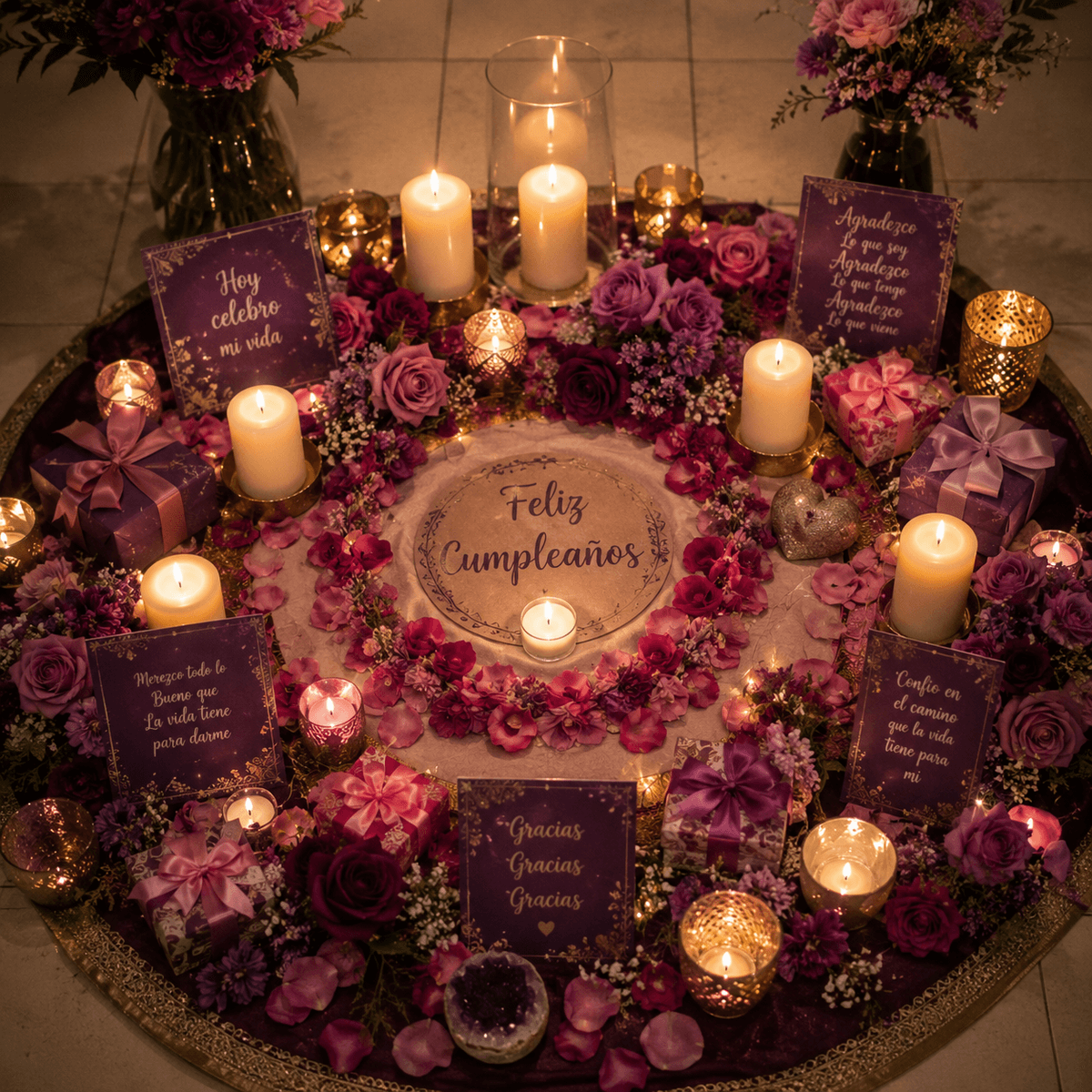 Altar sagrado de cumpleaños — círculo con flores, velas y elementos ceremoniales
